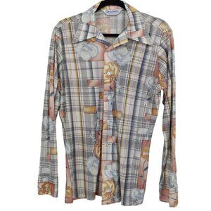 Challenger Plaid Shirt Womens M Blue Hippie Disco Boho Groovy Retro Vintage 70's